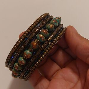 Asian Oriental Decorated Wide Bangle Bracelet Brass Faux Patina Artisan Vintage